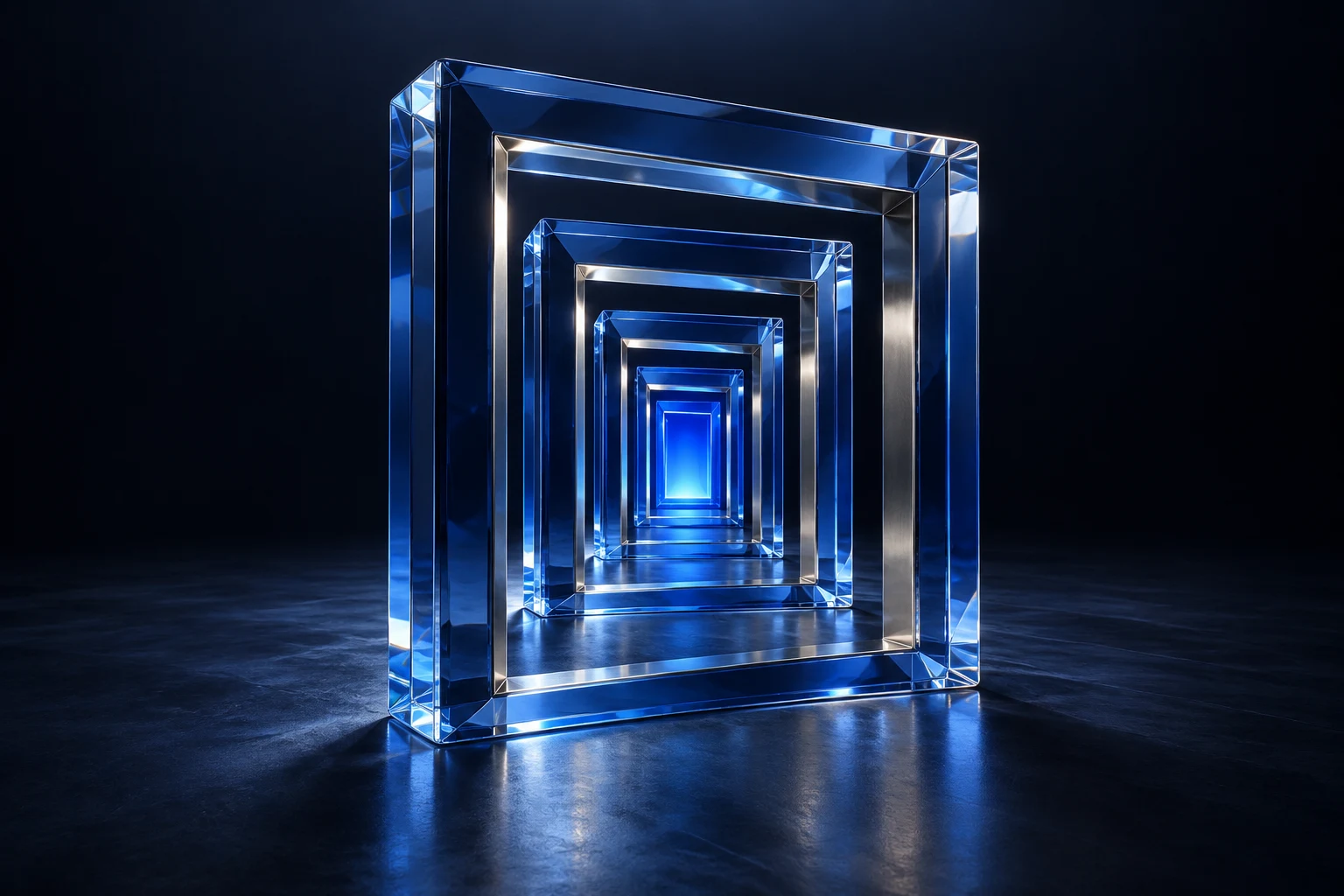 Cobalt glass and metal sculpture of layered architectural portals