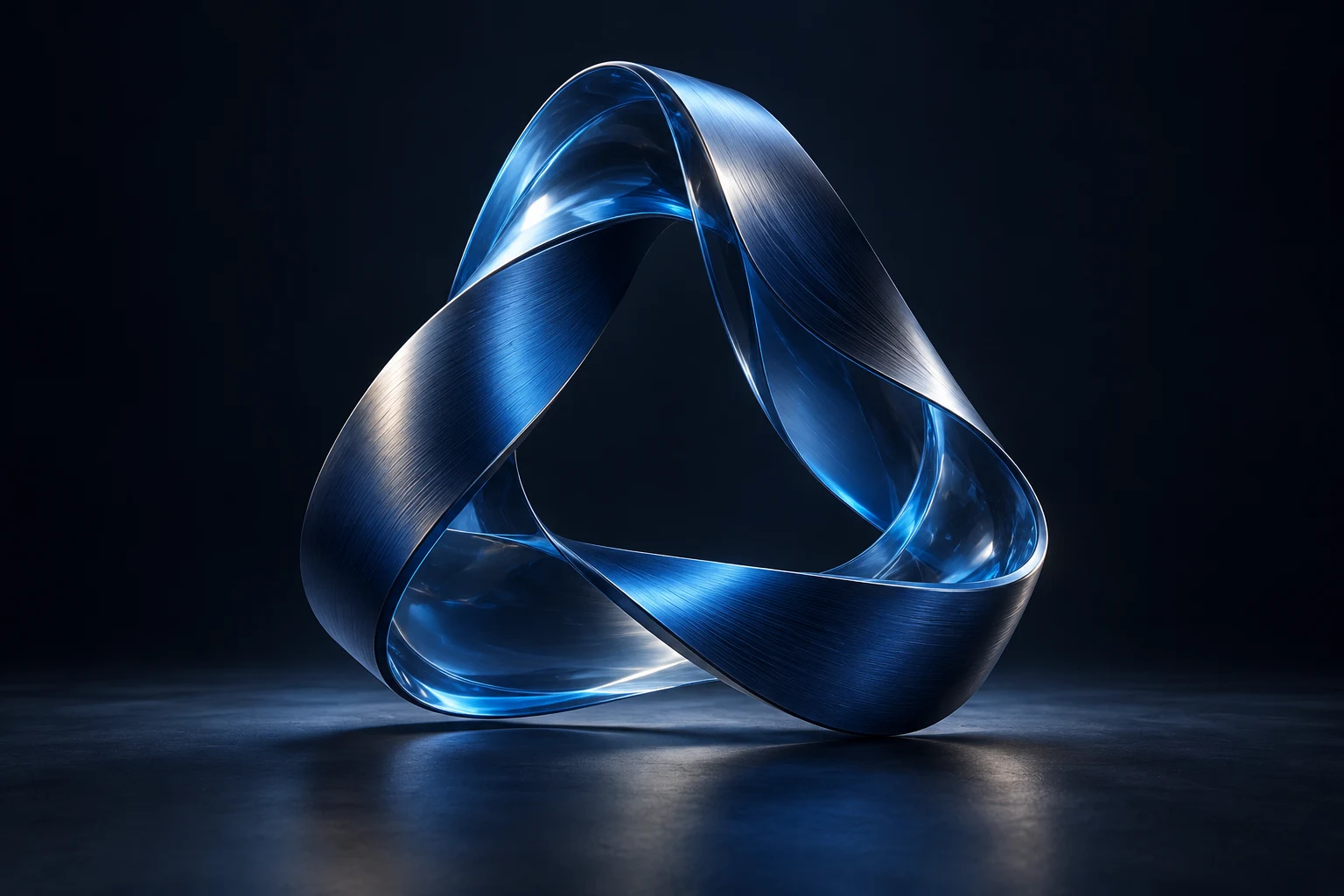 Sculptural continuous loop in cobalt glass and brushed metal