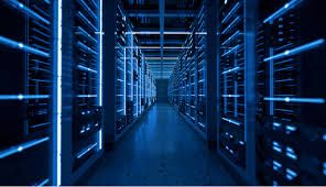 Blue-lit data center corridor representing modern infrastructure.
